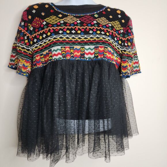 Zara Trafaluc Embroidered Tulle Sheer Beaded Boho Top Black Multicolor Size L - Picture 3 of 5